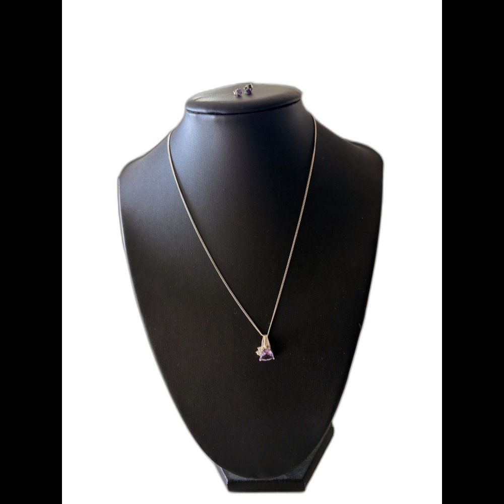 18" Amethyst Pendant Necklace Set 925 Sterling Silver w Matching Stud Earrings